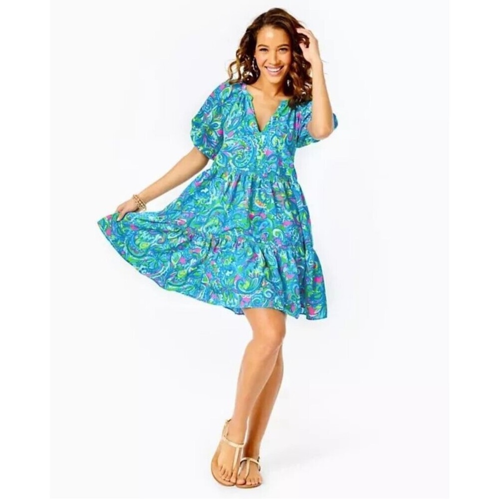 Lilly Pulitzer Shannon Tiered Swing Dress Large Seabreeze Blue Pink Cruise Boho